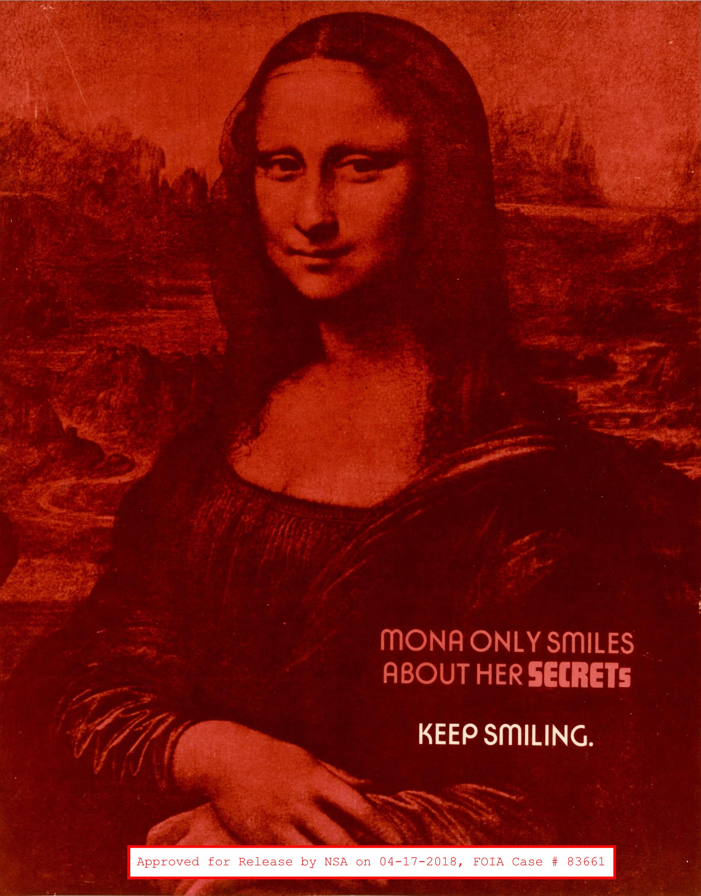 1950s NSA poster showing Mona Lisa with the caption 'Mona only smiles about her secrets. Keep Smiling.'